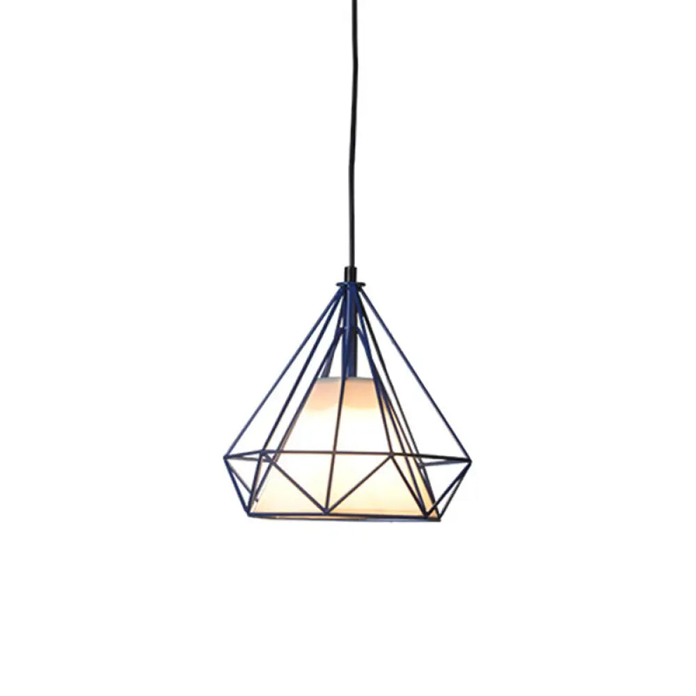 Diamond Loft Ceiling Hang Lamp - 1 Head Iron Pendant Lighting In Black/White/Green With Cone Fabric