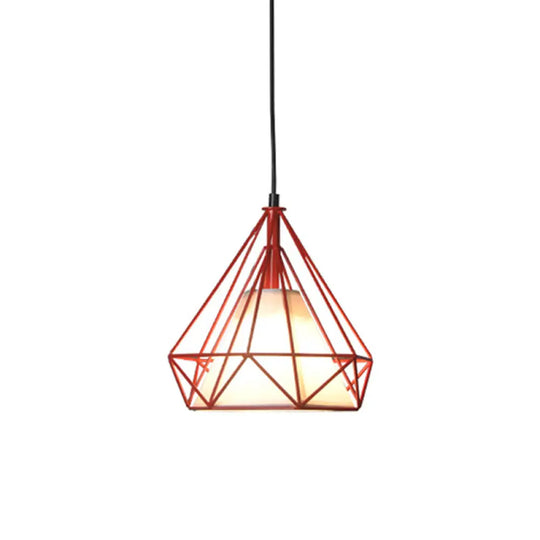 Diamond Loft Ceiling Hang Lamp - 1 Head Iron Pendant Lighting In Black/White/Green With Cone Fabric