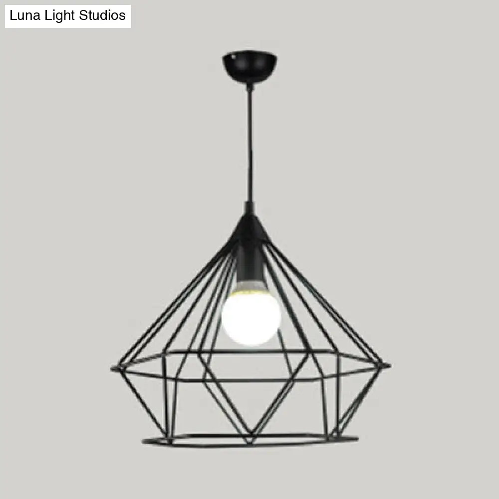 Diamond Wire Guard Pendant Light - Rustic Metal Hanging Lamp For Stair Cafe Black / 15.5