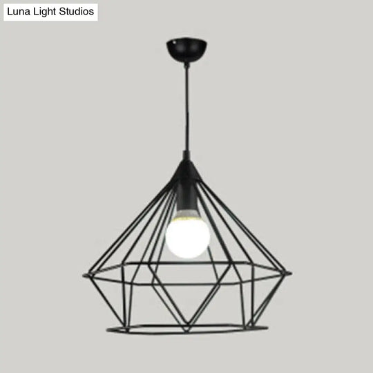 Diamond Wire Guard Pendant Light - Rustic Metal Hanging Lamp For Stair Cafe Black / 15.5
