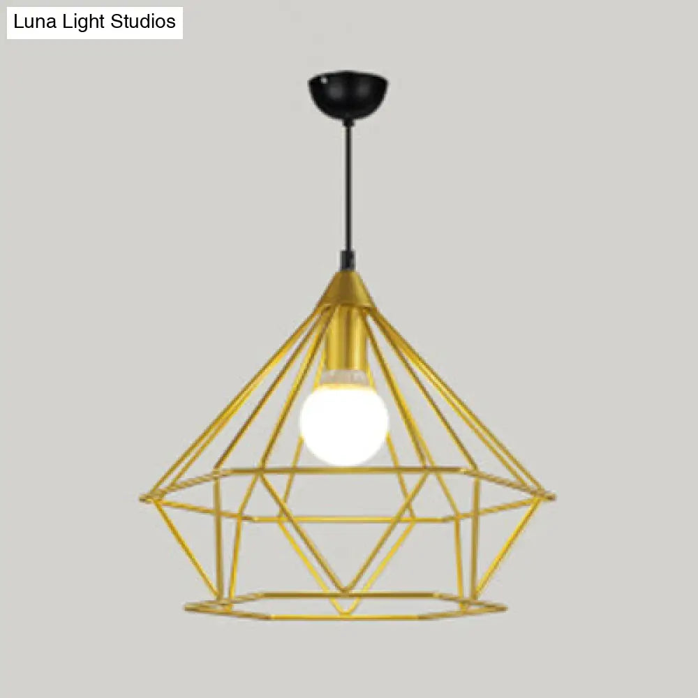 Diamond Wire Guard Pendant Light - Rustic Metal Hanging Lamp For Stair Cafe Gold / 15.5