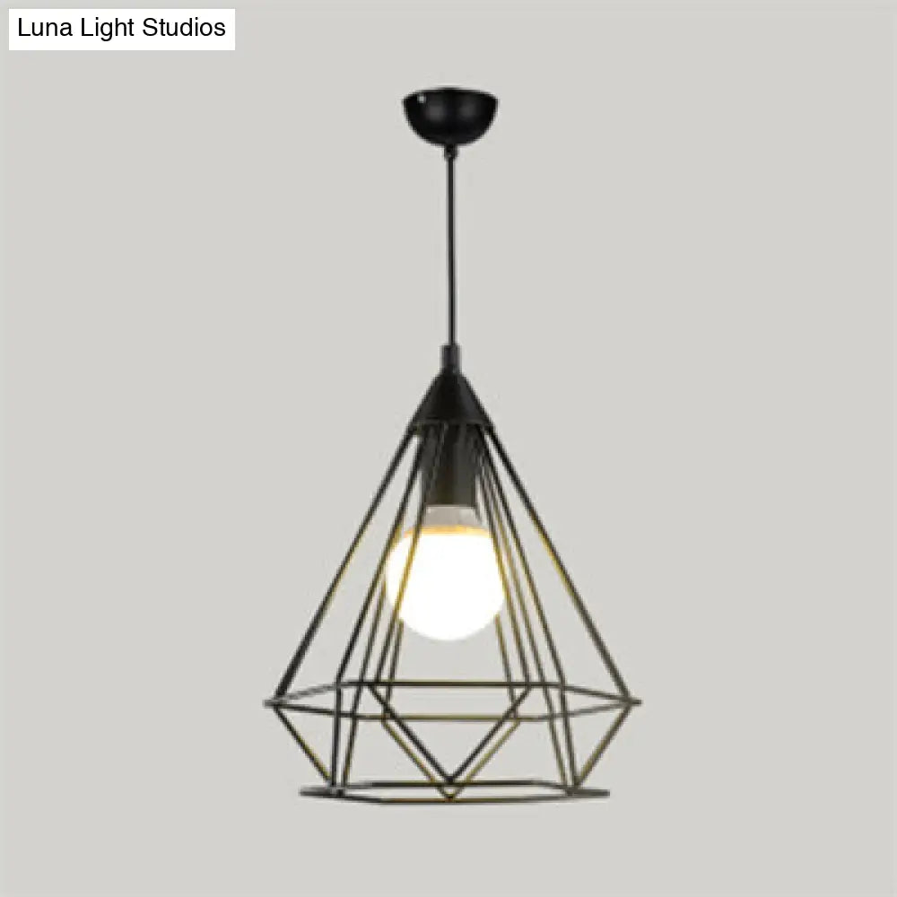 Diamond Wire Guard Pendant Light - Rustic Metal Hanging Lamp For Stair Cafe Black / 10