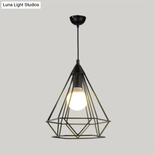 Diamond Wire Guard Pendant Light - Rustic Metal Hanging Lamp For Stair Cafe Black / 10