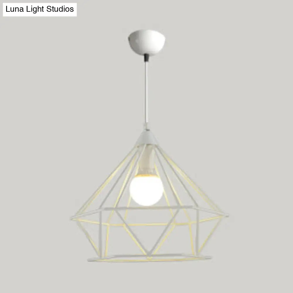 Diamond Wire Guard Pendant Light - Rustic Metal Hanging Lamp For Stair Cafe White / 15.5