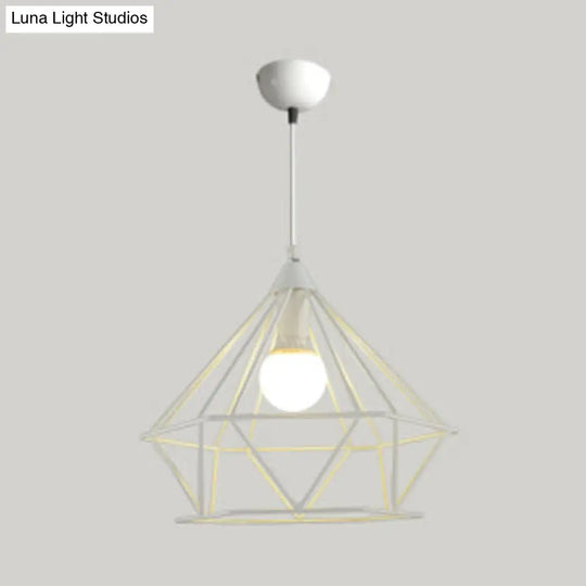 Diamond Wire Guard Pendant Light - Rustic Metal Hanging Lamp For Stair Cafe White / 15.5