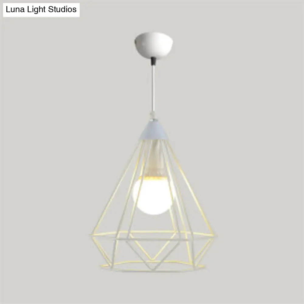 Diamond Wire Guard Pendant Light - Rustic Metal Hanging Lamp For Stair Cafe White / 10