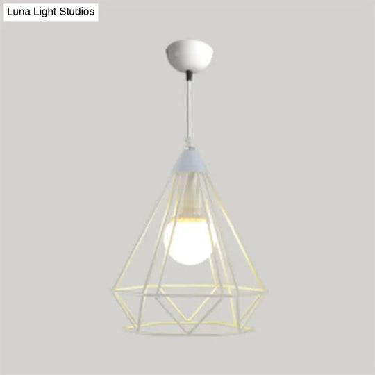 Diamond Wire Guard Pendant Light - Rustic Metal Hanging Lamp For Stair Cafe White / 10