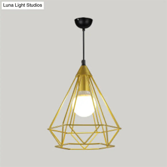 Diamond Wire Guard Pendant Light - Rustic Metal Hanging Lamp For Stair Cafe Gold / 10