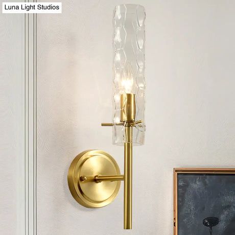 Dimpled Blown Glass Cylinder Wall Sconce - Modern 1 Bulb Brass Light Fixture
