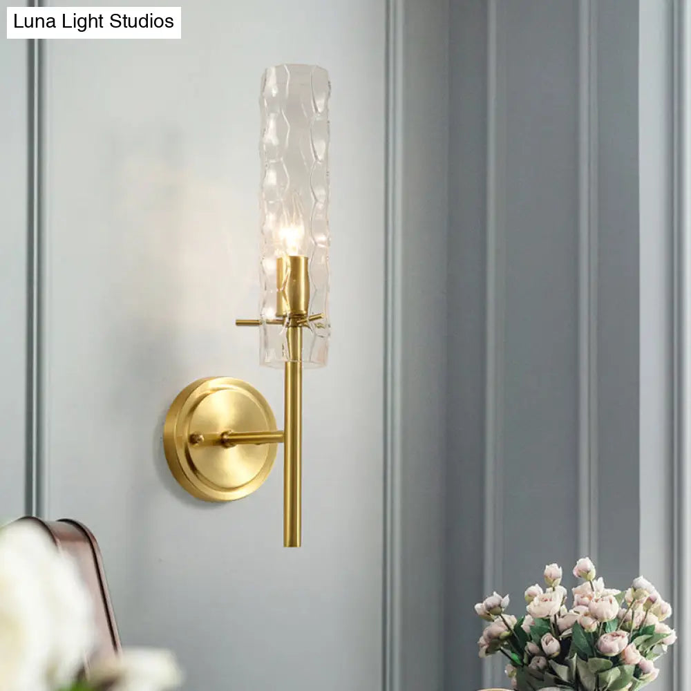 Dimpled Blown Glass Cylinder Wall Sconce - Modern 1 Bulb Brass Light Fixture