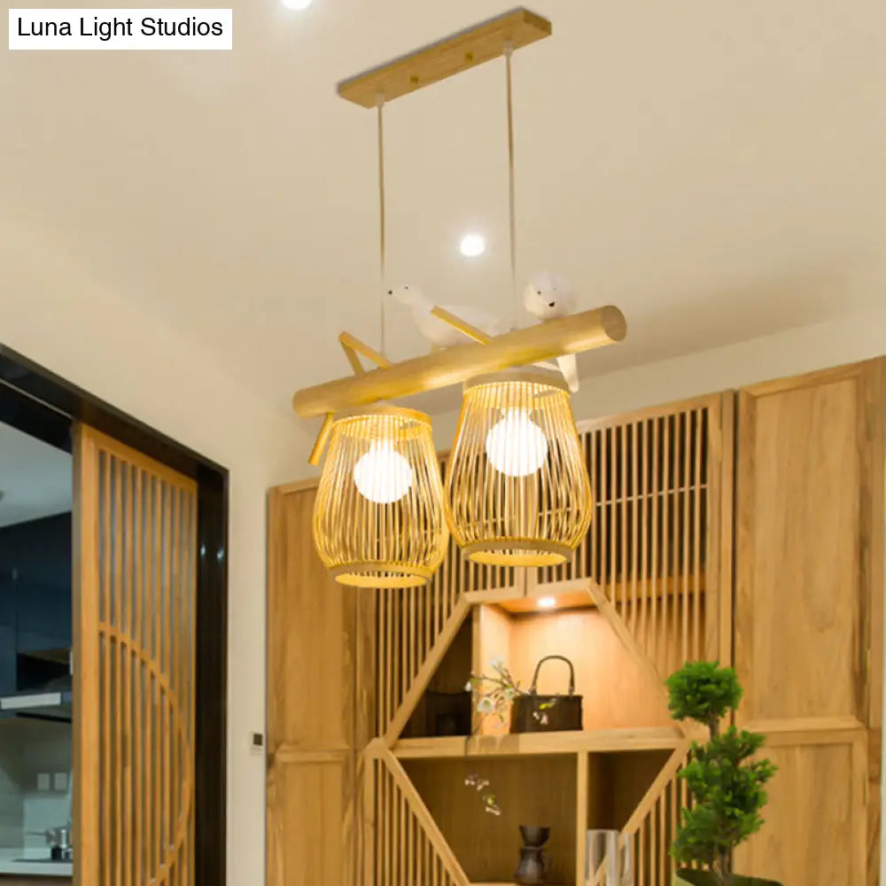 Dining Room Pendant Beige Hanging Lamp With Bamboo Barrel Shade 2 /