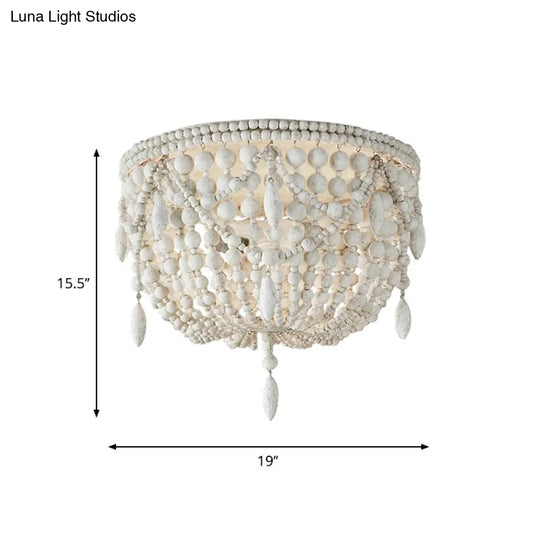 Distressed White Retro Beaded Flush Mount Light With 6 Heads- Wood Close To Ceiling Lamp