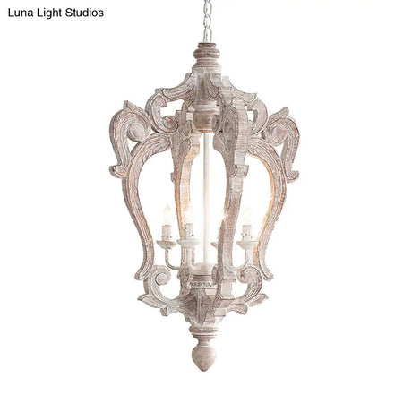 Distressed White Wood Hanging Chandelier For Classic Living Rooms - Caged Suspension Pendant Light