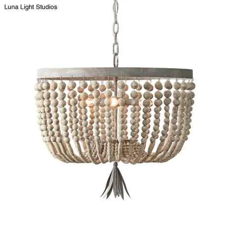 Distressed White Wood Hanging Chandelier For Classic Living Rooms - Caged Suspension Pendant Light