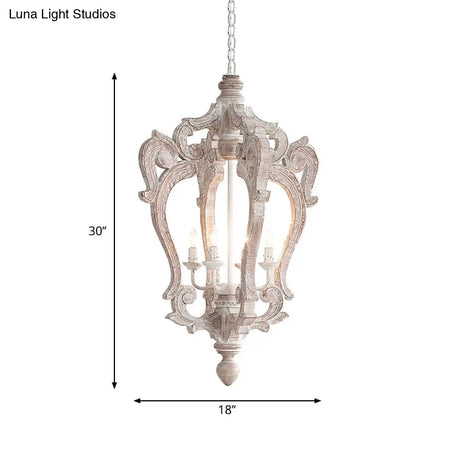 Distressed White Wood Hanging Chandelier For Classic Living Rooms - Caged Suspension Pendant Light