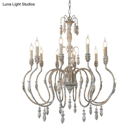 Distressed Wood Pendant Chandelier With Droplet - Classic Lighting For Living Room