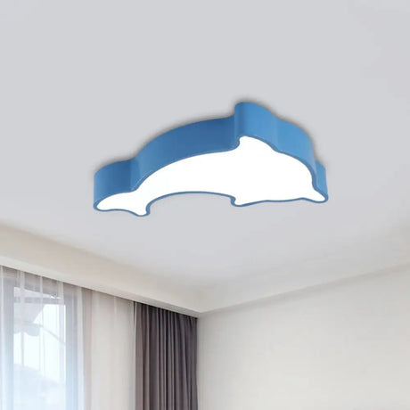 Dolphin Led Ceiling Light For Children’s Bedroom - White/Red/Yellow Acrylic Flush Mount Fixture Blue