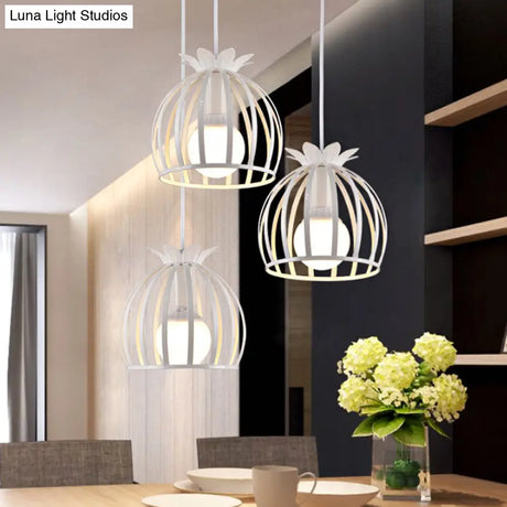 Dome Cage Pendant Light With 3 Heads In Metallic Loft Style For Dining Room - Black/White