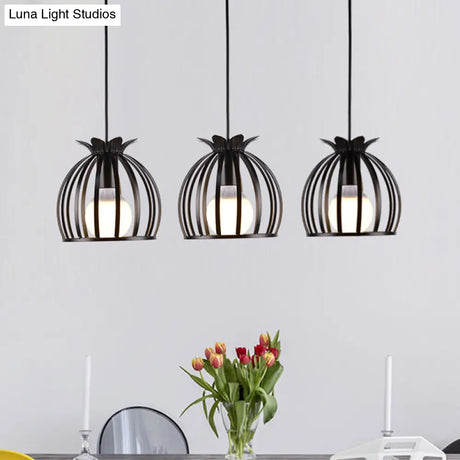 Dome Cage Pendant Light With 3 Heads In Metallic Loft Style For Dining Room - Black/White