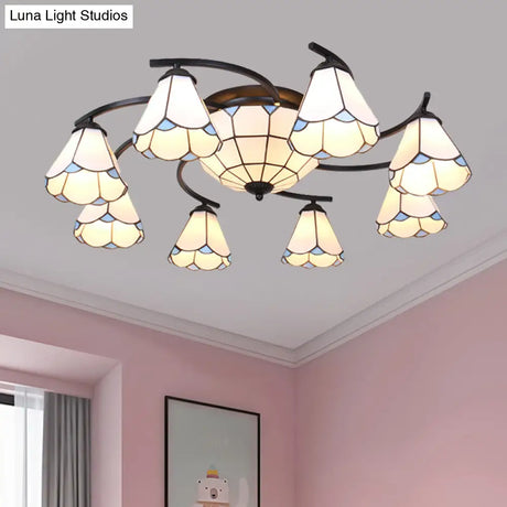 Dome/Conical Semi Flush Mount Mediterranean Ceiling Lamp - 11 Lights White/Blue Glass Ideal For