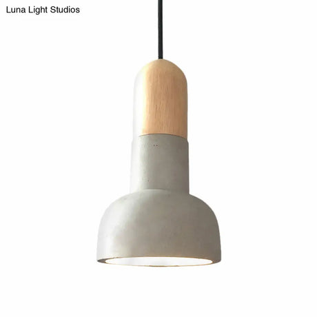 Dome Industrial Cement Pendant Light Fixture - Grey With Red/Black/Wood Accents