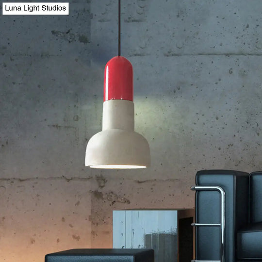 Dome Industrial Cement Pendant Light Fixture - 1 Grey With Red/Black/Wood Accent Ideal For