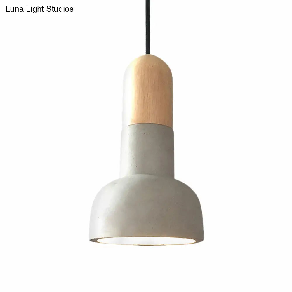 Dome Industrial Cement Pendant Light Fixture - Grey With Red/Black/Wood Accents
