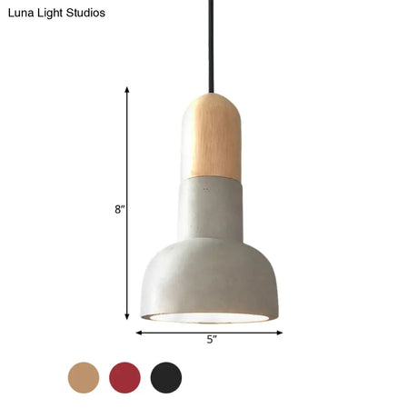 Dome Industrial Cement Pendant Light Fixture - Grey With Red/Black/Wood Accents