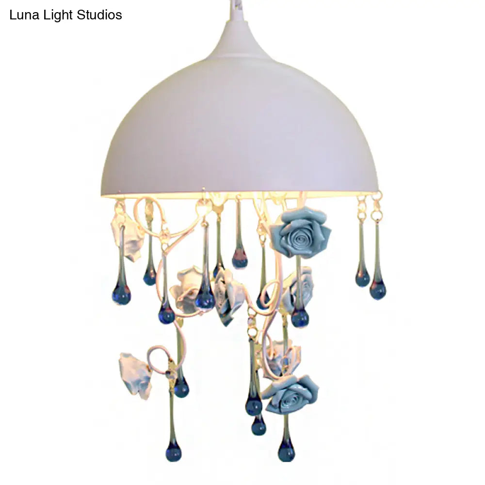Dome Iron Pendant Chandelier - Modern 3-Light Living Room Lamp In White With Rose & Crystal Accents