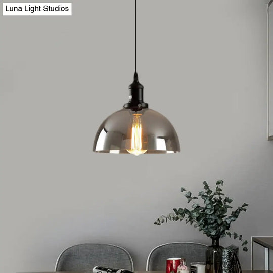 Industrial Dome Pendant Lighting - Smoked Glass Hanging Lamp 1-Light 10/12 Width Black Smoke Gray /