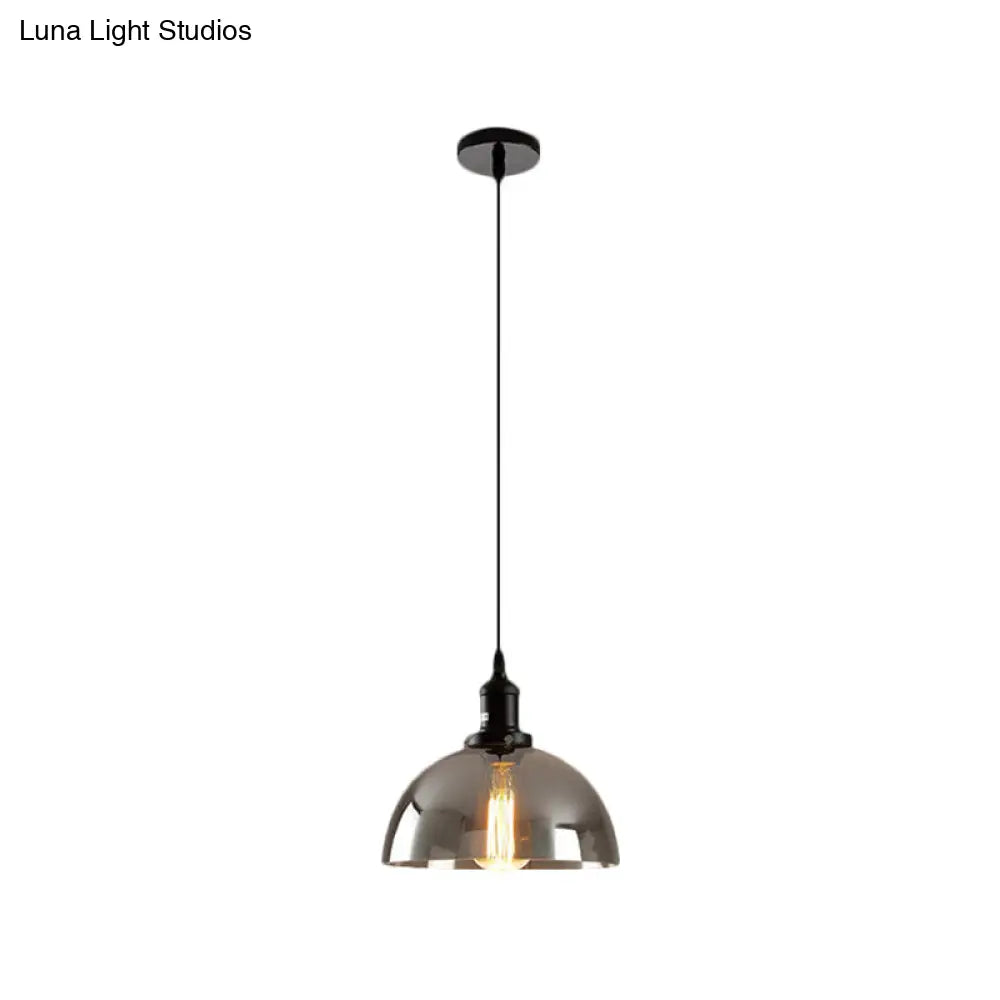 Industrial Dome Pendant Lighting - Smoked Glass Hanging Lamp 1-Light 10/12 Width Black