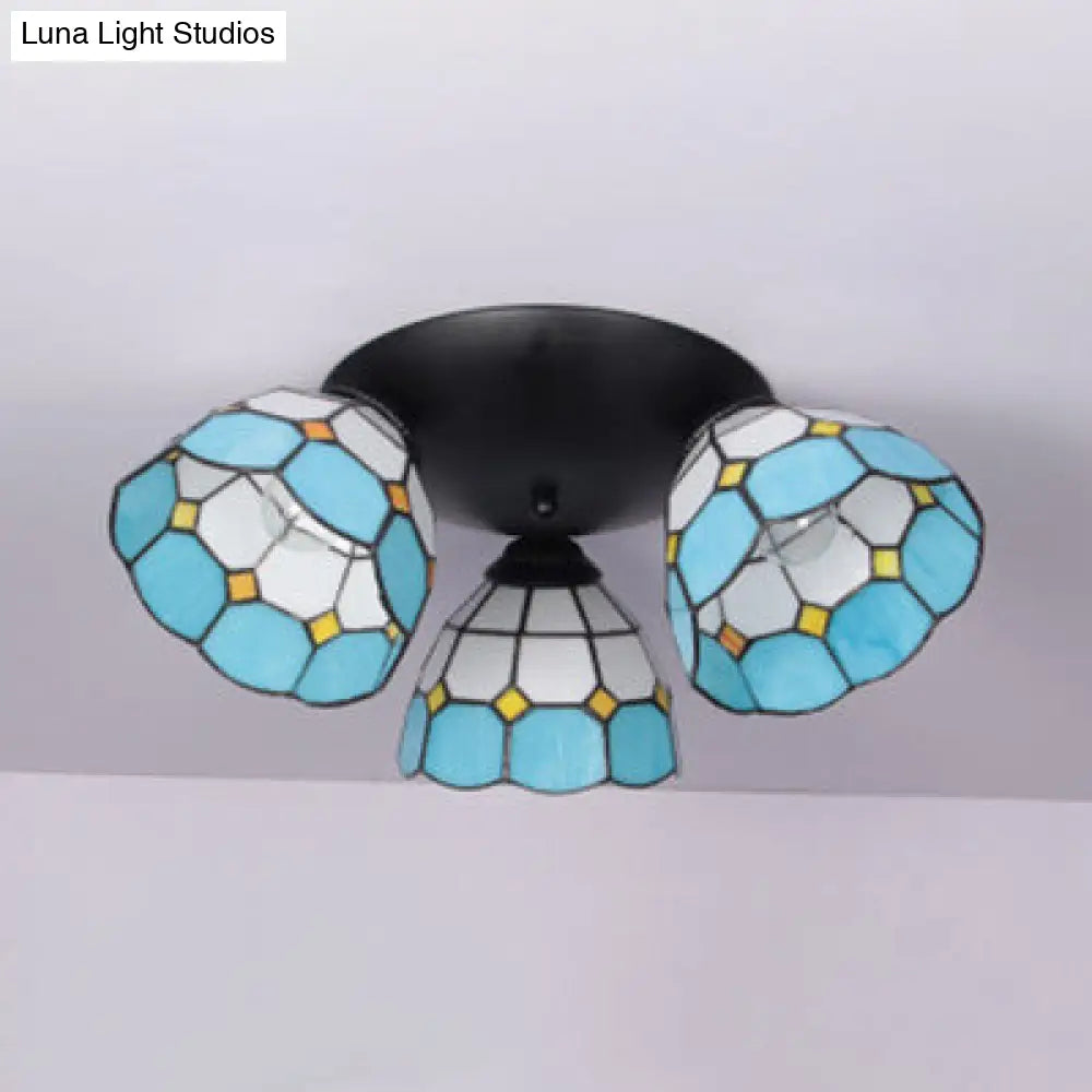 Dome-Shaped Stained Glass Ceiling Light With 3 Lights - Tiffany Style (Blue/Black Finish) Black