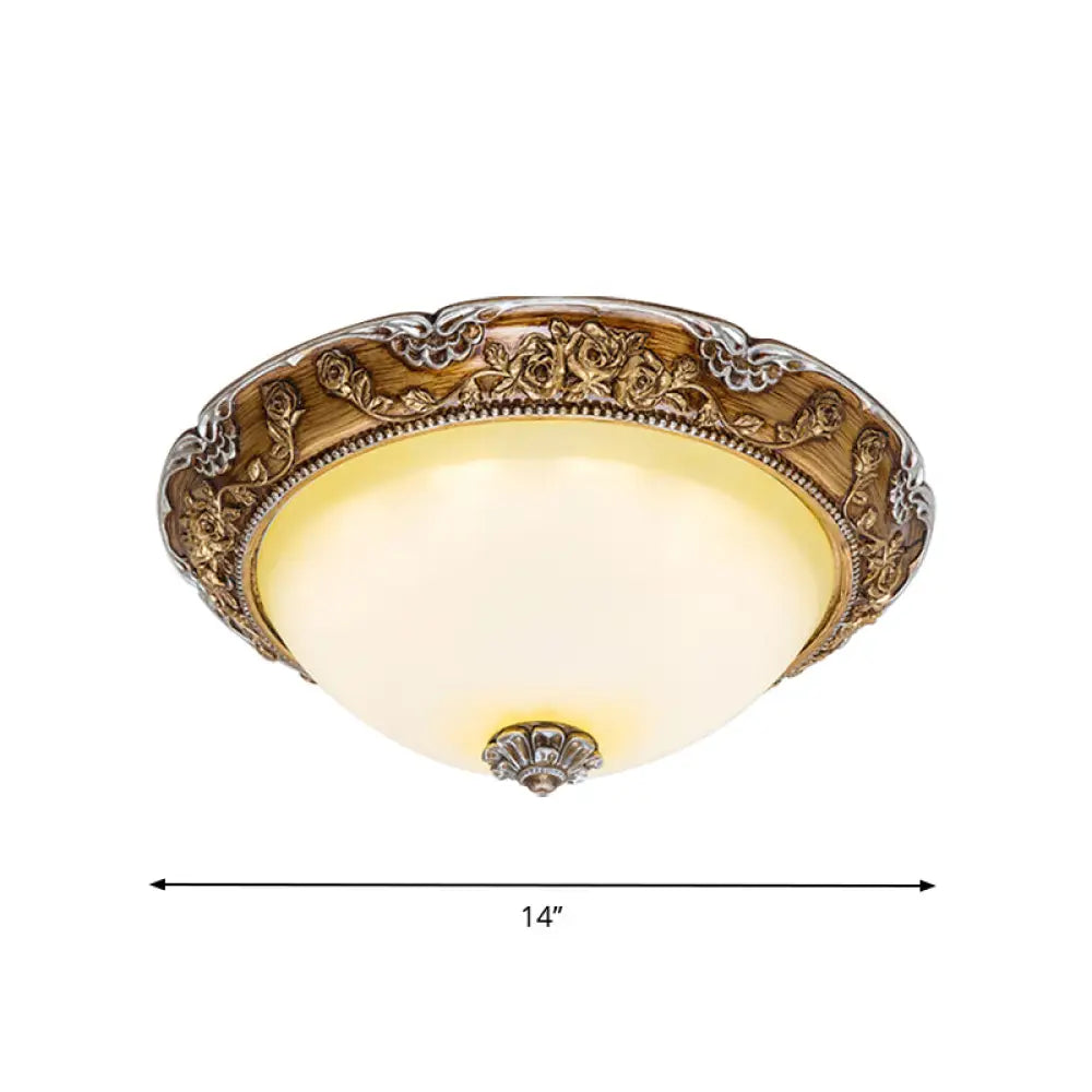 Dome Tan Glass Shade Flush Ceiling Light Fixture Led Bedroom Lamp In Brown - Traditional Style
