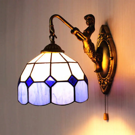 Dome White Glass Wall Mount Light Baroque Blue Sconce With Pull Chain - 6/8 Wide / 8