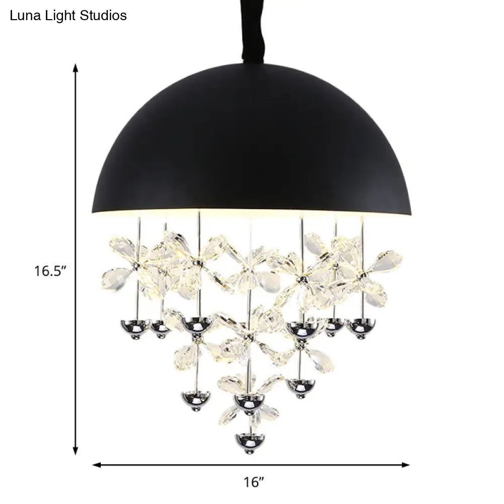 Modern Metal Pendant Light With Crystal Flower Deco - 6/10 Lights Domed Design Black/White