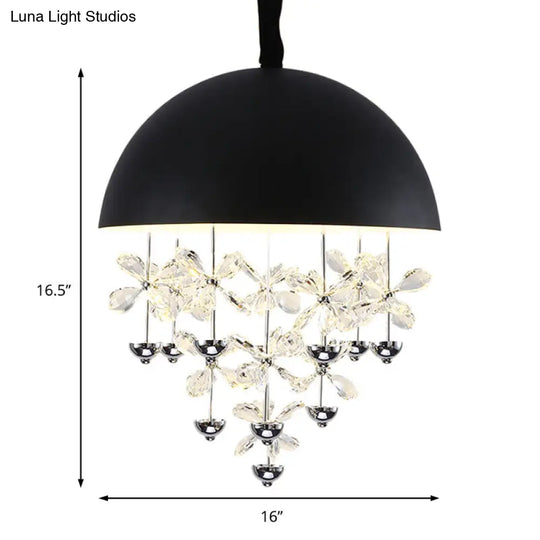 Modern Metal Pendant Light With Crystal Flower Deco - 6/10 Lights Domed Design Black/White