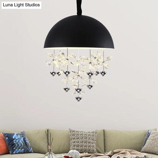 Modern Metal Pendant Light With Crystal Flower Deco - 6/10 Lights Domed Design Black/White