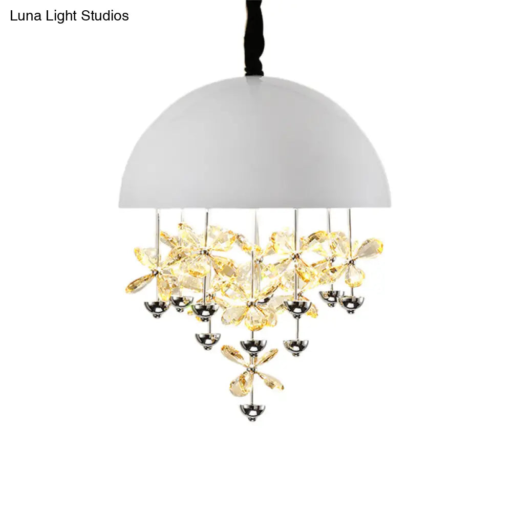 Modern Metal Pendant Light With Crystal Flower Deco - 6/10 Lights Domed Design Black/White