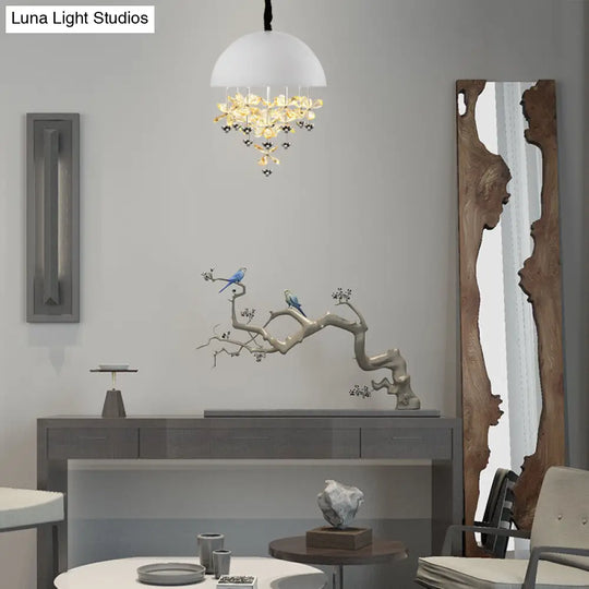 Modern Metal Pendant Light With Crystal Flower Deco - 6/10 Lights Domed Design Black/White