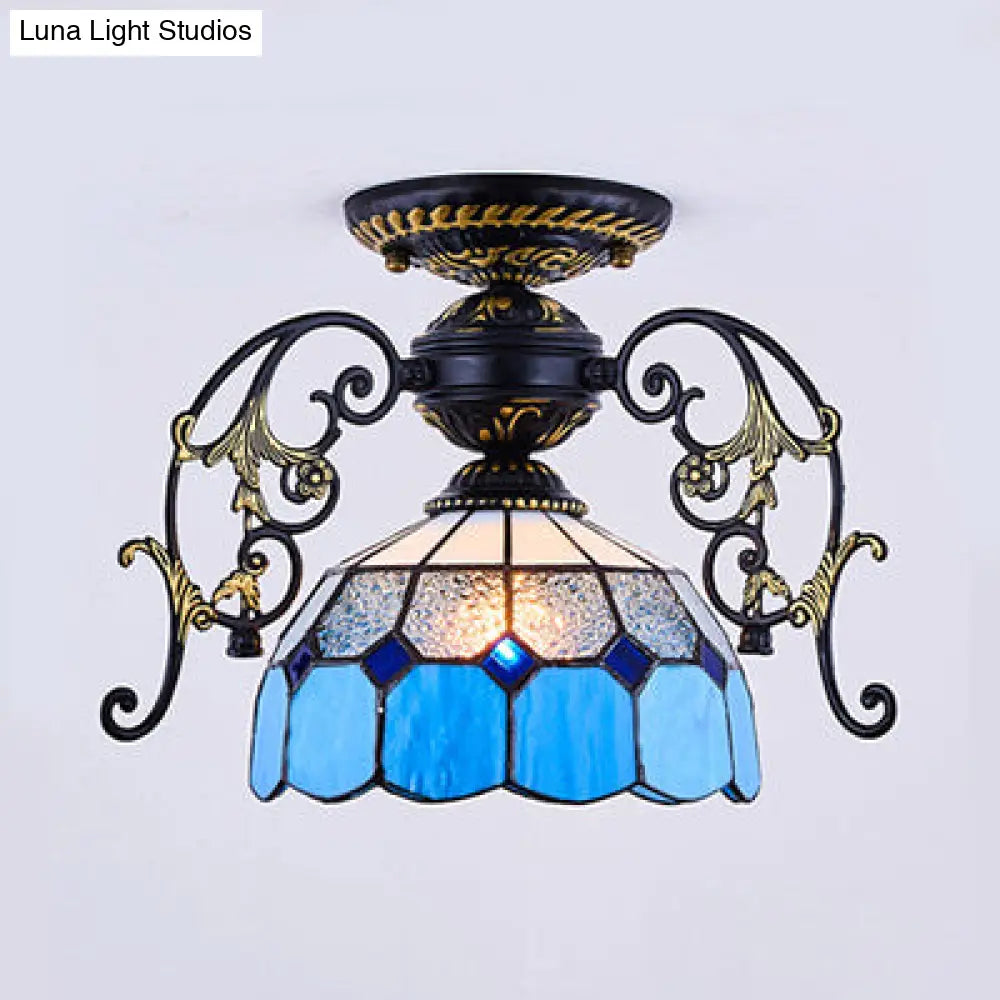 Domed Semi Flush Grid Stained Glass Ceiling Light - Black/White Black / D