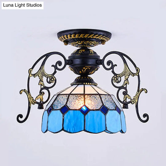 Domed Semi Flush Grid Stained Glass Ceiling Light - Black/White Black / D