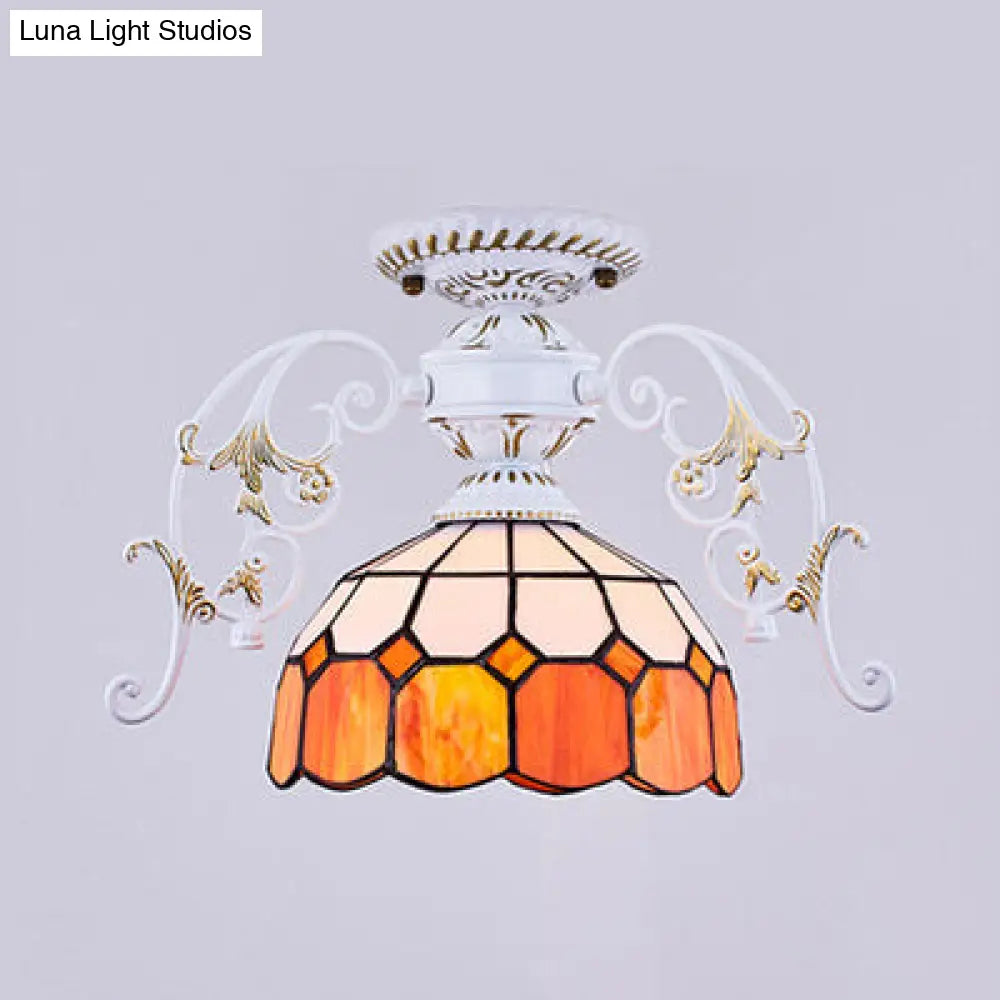 Domed Semi Flush Grid Stained Glass Ceiling Light - Black/White White / B