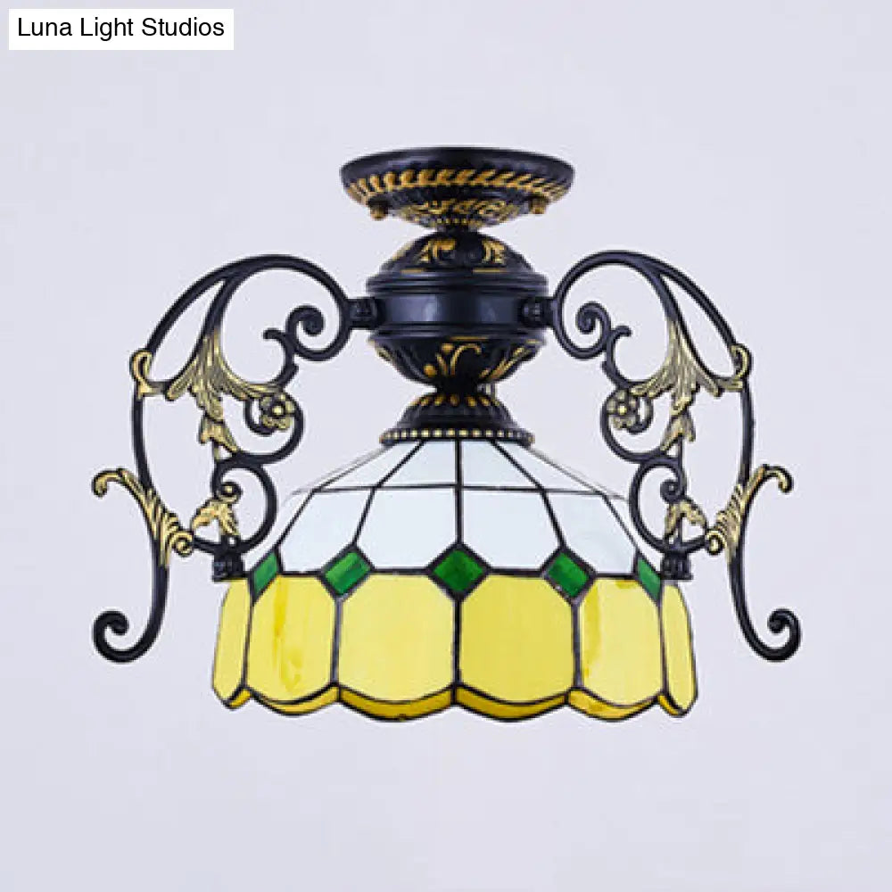 Domed Semi Flush Grid Stained Glass Ceiling Light - Black/White Black / A