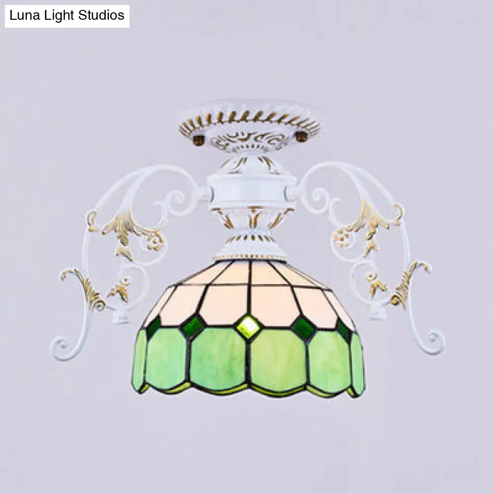 Domed Semi Flush Grid Stained Glass Ceiling Light - Black/White White / C
