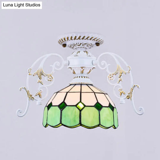 Domed Semi Flush Grid Stained Glass Ceiling Light - Black/White White / C
