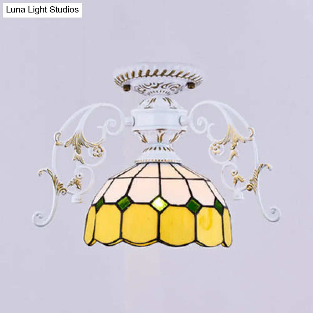 Domed Semi Flush Grid Stained Glass Ceiling Light - Black/White White / A