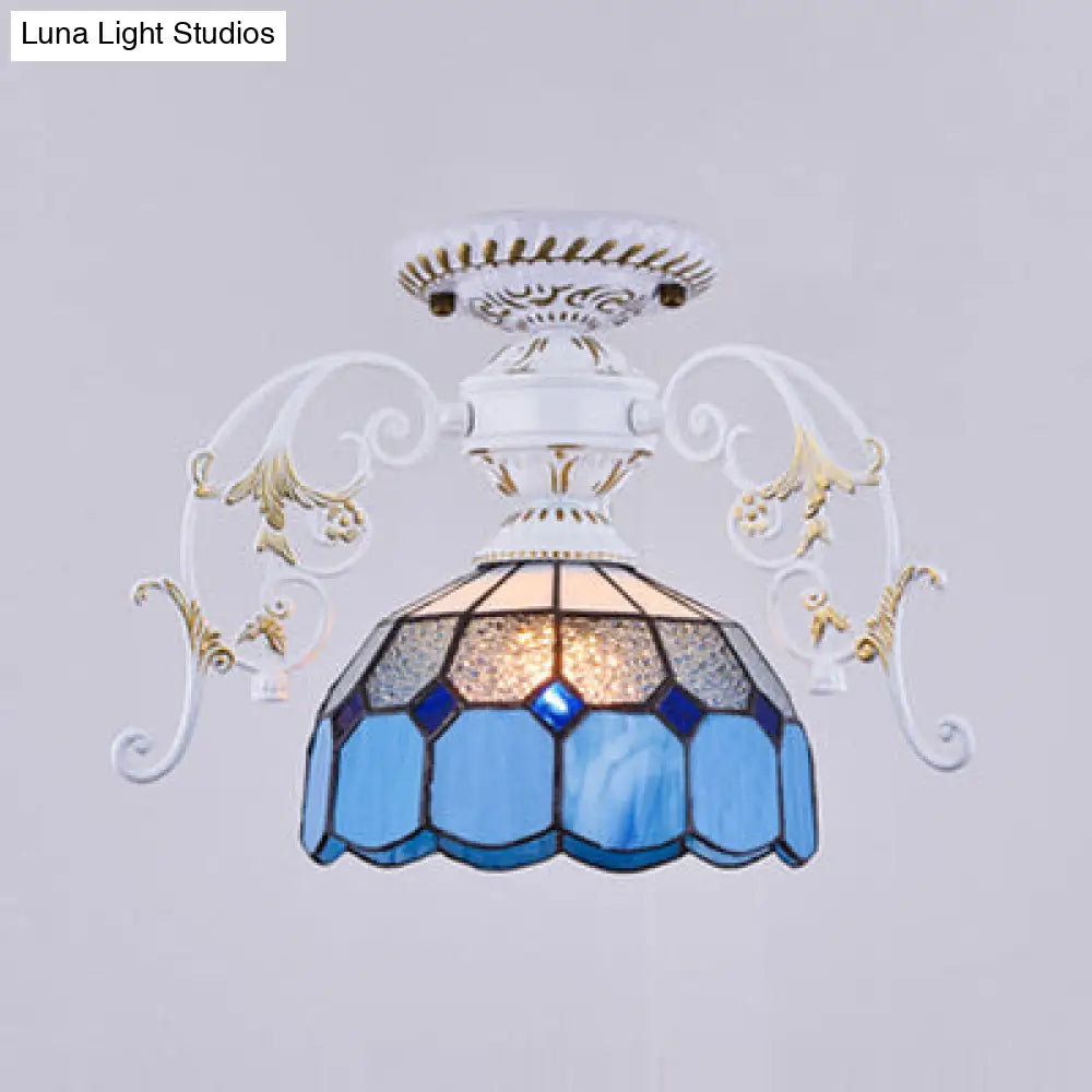 Domed Semi Flush Grid Stained Glass Ceiling Light - Black/White White / D