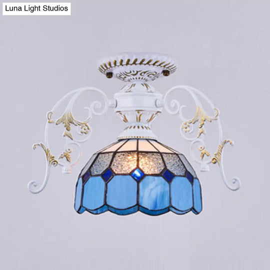 Domed Semi Flush Grid Stained Glass Ceiling Light - Black/White White / D