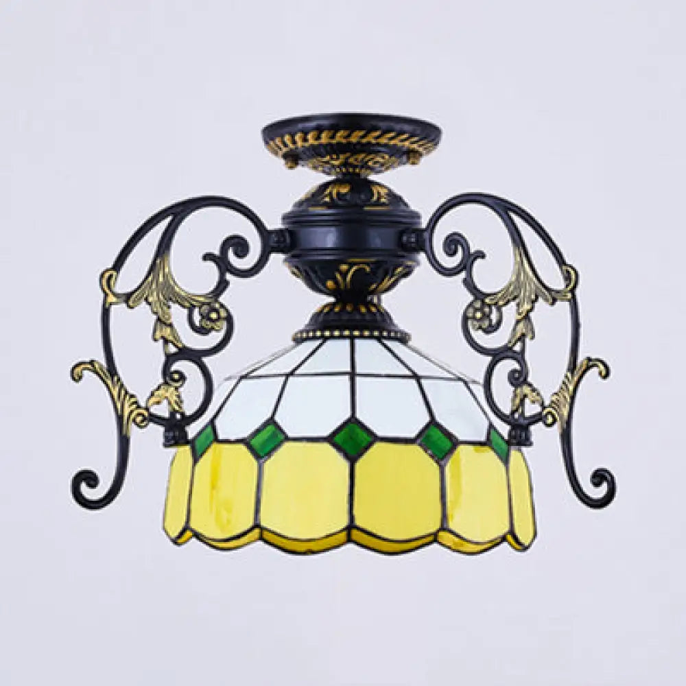 Domed Semi Flush Grid Stained Glass Ceiling Light - Black/White Black / A