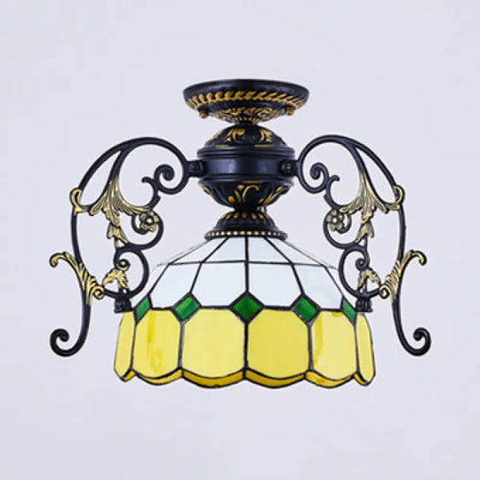 Domed Semi Flush Grid Stained Glass Ceiling Light - Black/White Black / A